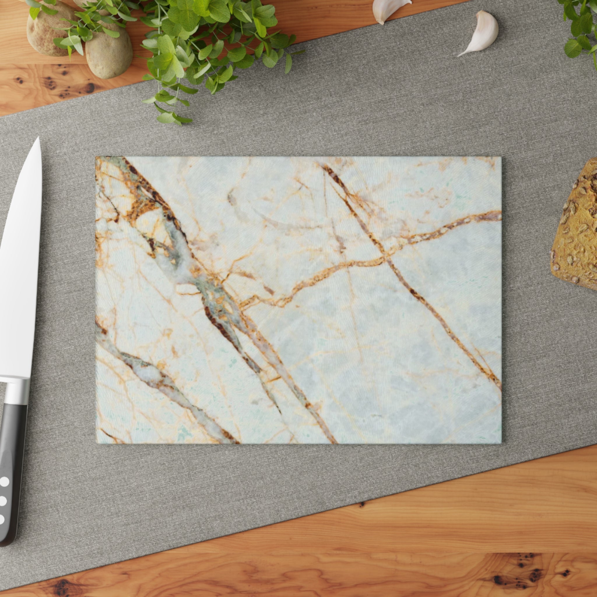 Marble Vein Glass Cutting Board — Elegant Gold & White Kitchen Prep Surface